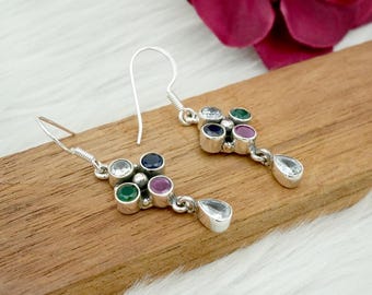 Natural Gemstones 925 Sterling Silver Earring : Ruby Emerald Sapphire