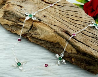 Emerald & Ruby 925 Sterling Silver Necklace - Gemstone Choker