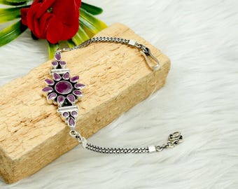Ruby 925 Sterling Silver Bracelet - Natural Gemstone Boho Jewelry