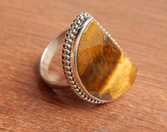 Anillo de ojo de tigre: anillo de piedras preciosas de plata de ley 925, anillo en forma de D facetado hecho a mano