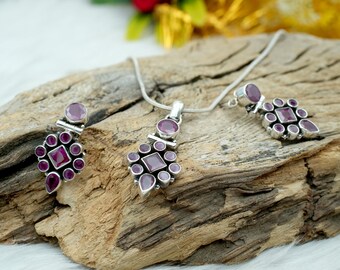 Handmade Ruby Earring Set: 925 Sterling Silver Floral Jewelry
