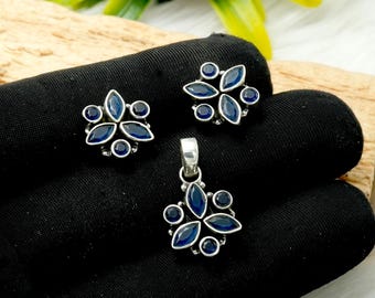 Blue Sapphire Sterling Silver Pendant Earring Set, Anniversary Gift