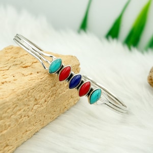 Sterling Silver Gemstone Bangle: Coral, Turquoise & Lapis Jewelry