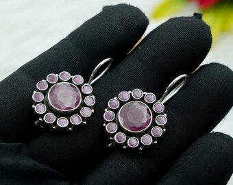Pink Ruby Floral Stud Earrings: Sterling Silver Gemstone Jewelry