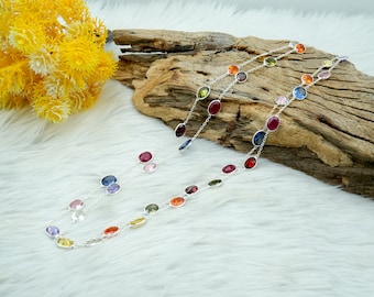 Natural Multi Gemstone Necklace jewelry-925sterling silver Mix Gemstone Necklace handmade Long necklace Anniversary Gift