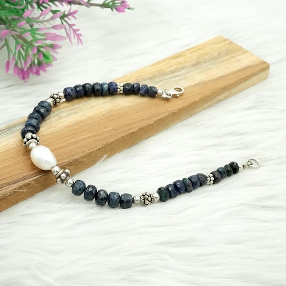 Sapphire Pearl Bracelet: 925 Sterling Silver Beaded Gemstone