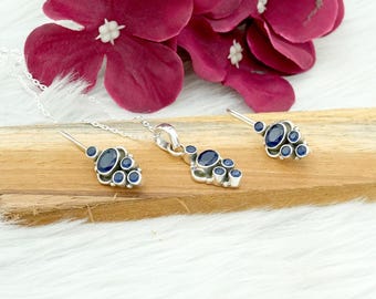 Blue Sapphire Sterling Silver Jewelry Set: Gemstone Pendant Earrings