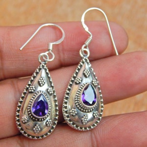 Pendiente de amatista, pendiente de plata 925, joyería de amatista hecha a mano, pendiente de regalo para ella, pendiente de mujer