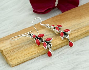 Orecchini floreali in corallo, argento sterling 925, orecchini pendenti con pietre preziose