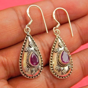 Natural Ruby Earring- Handmade- Silver Earring-925 Sterling Silver- Boho Earrings Gemstone Ruby Faceted-Gift for her