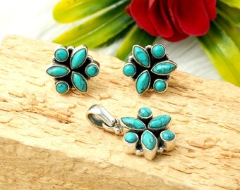 Floral Turquoise Gemstone Earring and Pendant Set: Sterling Silver Jewelry