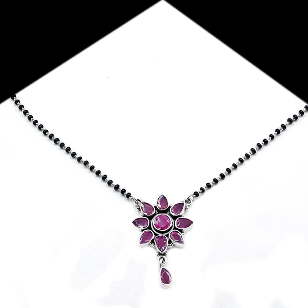 Natural gemstone Mangalsutra Necklace in 925 Sterling Silver , Natural Ruby , Black Beads Silver Chain , Gift For Her , Traditional Necklace