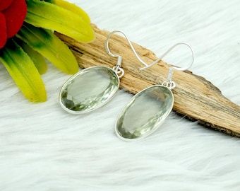 Handmade Green Amethyst Earrings: Oval Faceted 925 Sterling Silver