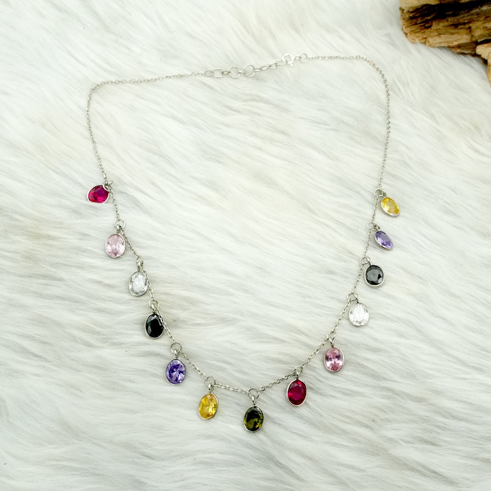 Handmade Sterling Silver Multi Gemstone Necklace: CZ, Amethyst