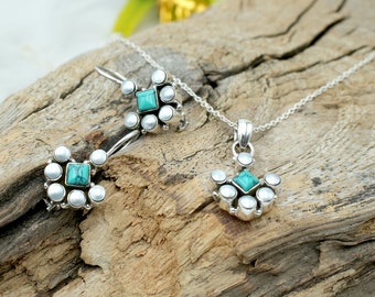 Sterling Silver Pearl & Turquoise Jewelry Set, Handmade Floral Design