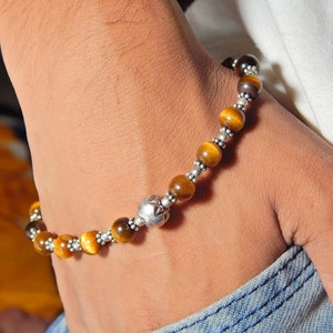 Natural Tiger&#39;s Eye Bracelet in 925 Sterling Silver | Gemstone Bracelet | 925 Silver Bracelet | Beaded Bracelet | Crystal Bracelet