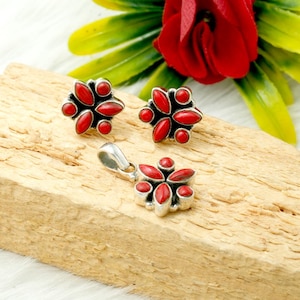 Coral Earring Coral Pendant Sterling 925 Silver Wedding Jewelry Set Gift For Her Gemstone Jewelry Set Red Pendant Red Earring