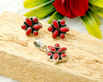 Coral Sterling Silver Jewelry Set: Floral Pendant Earrings