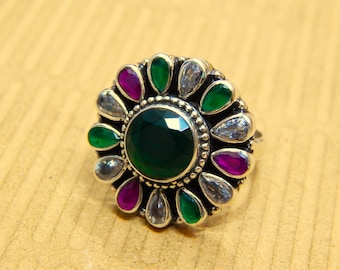 Floraler Sterling Silber Edelstein-Ring: Rubin, Smaragd, Saphir, Zirkon
