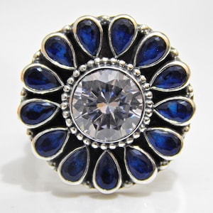 Natural Blue Sapphire, Zircon Ring in 925 Sterling Silver, Adjustable Ring , Wedding Ring,  Handmade Ring, Sterling Silver Ring Gift for Mom