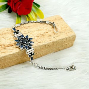 Natural Blue Sapphire Floral Wedding Bracelet 925 Sterling Silver Natural Blue Gemstone Adjustable Bracelet Jewelry Anniversary Gift For Her