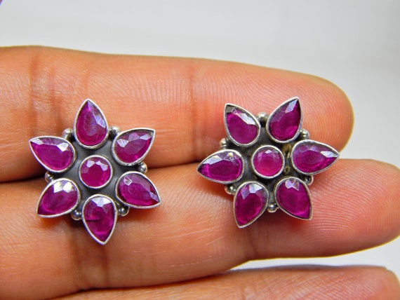 Natural Ruby Sterling Silver Flower Stud Earrings - Etsy Beautiful 925 Silver Ruby Flower Studs main image 2