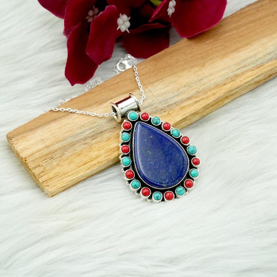 Jeweloporium Collana Artigianale In Argento 925 Con Lapislazzuli, Cristallo, Granato E Perla - Gioiello Boho Donna, Fatto A Mano In India