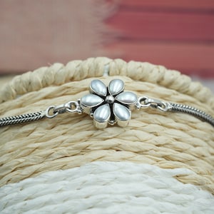 Natural Freshwater Pearl Floral Bracelet 925 Sterling Silver White Pearl Adjustable Bracelet Jewelry Anniversary Gift For Her