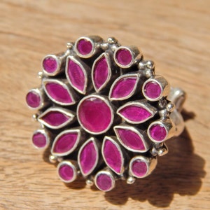 Indian Ruby Ring, 925 Sterling Silver Ring, Botanical Leaf Ring, Handmade Ring, Oxidized Ring, Wide Ring, Designer Ring, Ready to Ship