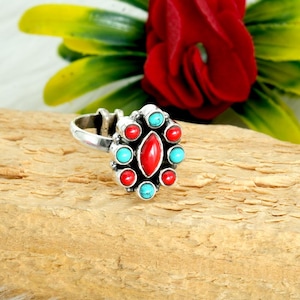 Natural Coral & Turquoise Ring in 925 Sterling Silver | 925 Sterling Silver Ring | Turquoise Silver Ring | Coral Silver Ring | Flower Ring