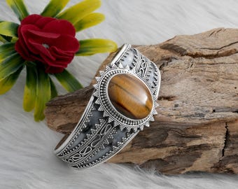 Tiger's Eye Sterling Silver Bangle: Boho Gemstone Kada Jewelry