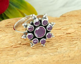 Anello con rubino sfaccettato fatto a mano, argento sterling 925, regolabile