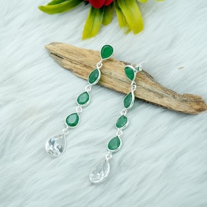 Boucles d'oreilles en argent 925, émeraude naturelle et CZ, bijoux en pierres précieuses, cadeau pour elle, boucles d'oreilles de mariage, boucles d'oreilles minimalistes