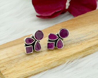Natural Ruby Sterling Silver Stud Earrings: Floral Leaf Design