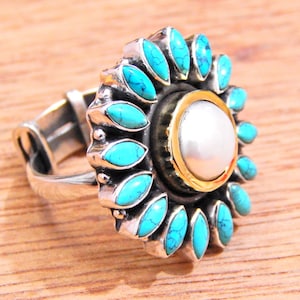 Natural Turquoise & Fresh Water Pearl  Ring in 925 Sterling Silver, Handmade Ring, Floral Jewelry, 925 Sterling Silver Ring, Adjustable Ring