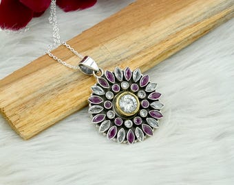 Colar Floral com Rubis e Zircônias: Joias de Casamento Feitas à Mão em Prata de Lei