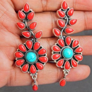 Natural Coral And Turquoise Earring Stud In 925 Sterling Silver jewelry For Girls And Women, Gift Item handmade earring
