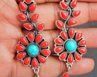 Boucle d'oreille corail naturel et turquoise en argent sterling 925, bijoux pour fille et femme, article cadeau boucle d'oreille faite main