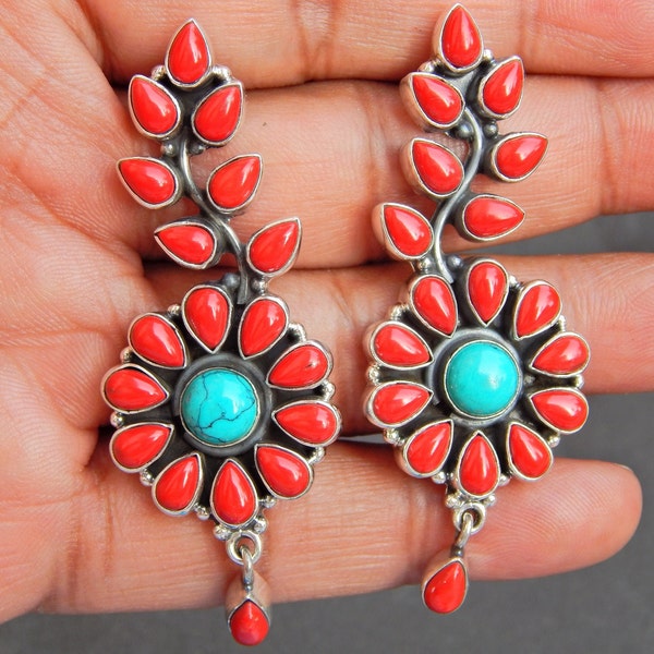 Coral and Turquoise Geometric Drop Earrings main image 0