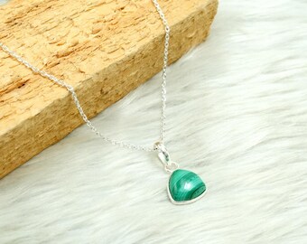 Natural Malachite 925 Silver Necklace, Handmade Bezel Pendant