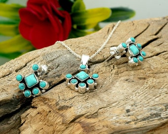 Turquoise Floral 925 Sterling Silver Earring Pendant Set