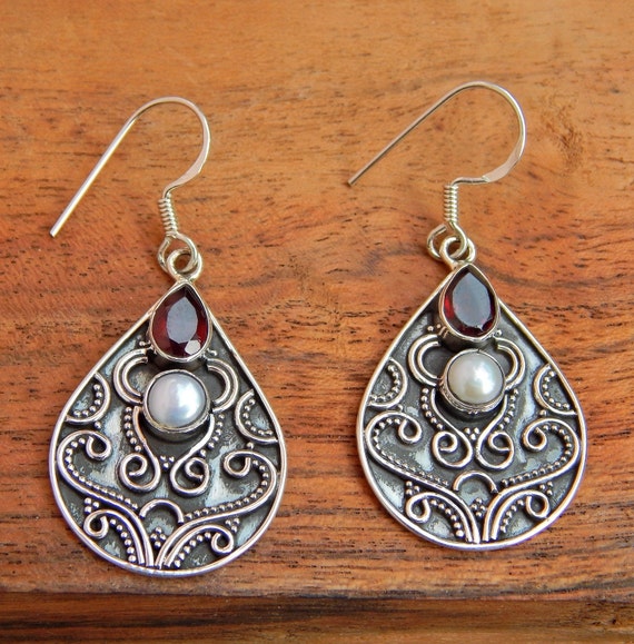 Boucles D'oreilles Anciennes En Argent Sterling Avec Grenats - Dormeuses - Occasion