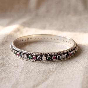 925 Sterling Silver Multicolor Gemstone Bangle, Ruby Emerald Sapphire CZ, Vintage Style Jewelry