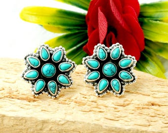 Handmade Turquoise Flower Stud Earrings: 925 Sterling Silver