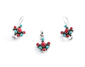 Coral Turquoise Sterling Silver Jewelry Set: Handmade Floral Pendant Earrings