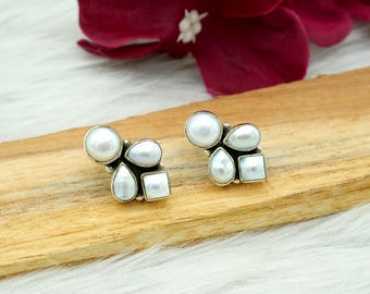 Freshwater Pearl Stud Earrings: 925 Sterling Silver, Dainty Minimalist Studs