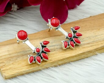 Coral Flower Earrings: 925 Sterling Silver Studs - Women Jewelry