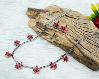 Coral Sterling Silver Jewelry Set: Floral Necklace & Earrings