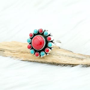 Natural Coral & Turquoise Ring in 925 Sterling Silver | 925 Sterling Silver Ring | Blue Turquoise Ring | Red Coral Ring | Flower Ring