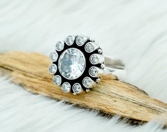 ホワイトCZリング：調節可能な925スターリングシルバーのウェディング 